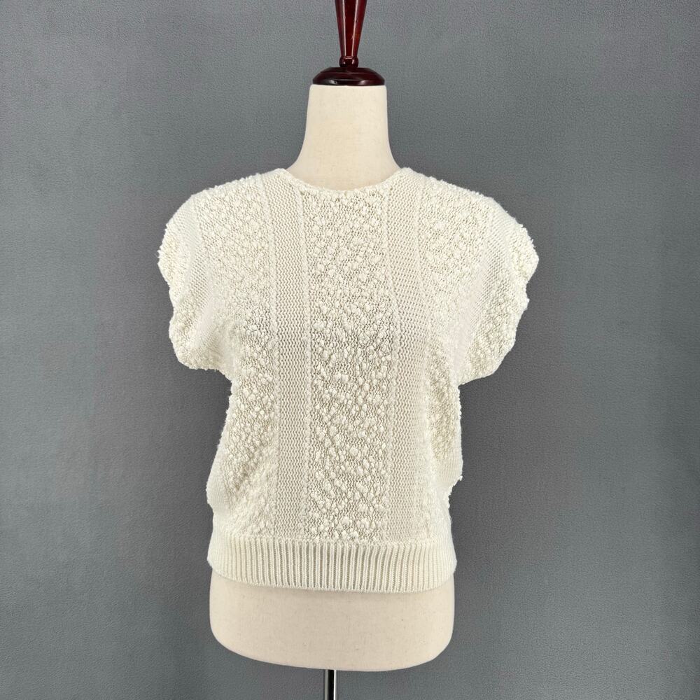 Vintage Worthington Striped Knit Cap Sleeve Sweater Womens M White Boxy Boho